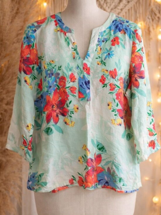 Van Heusen Tops - Van Heusen Mint Floral Linen-Blend Top Blouse Shirt L Boho Chic Resortwear
